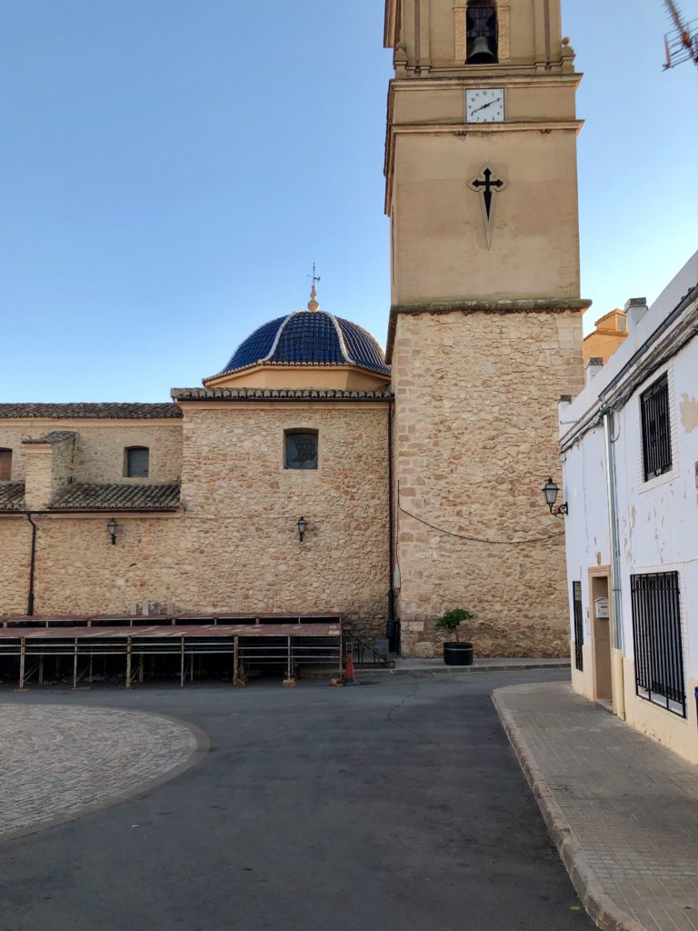 The church spire in the centre of Caudete de las Fuentes.