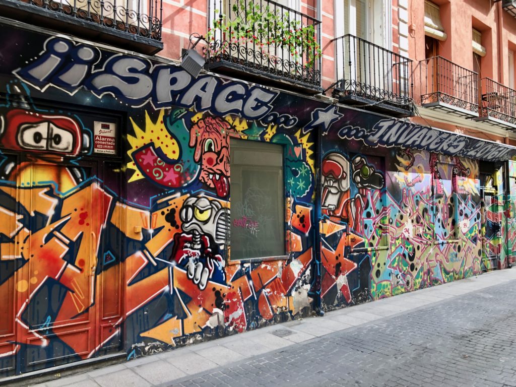 Graffiti on the facade of a building in the Malasaña district of Madrid.