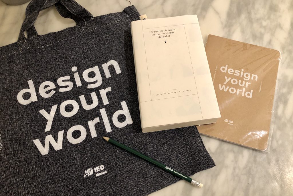 A tote bag, book, and notebook gifted to me by the European Design Institute.