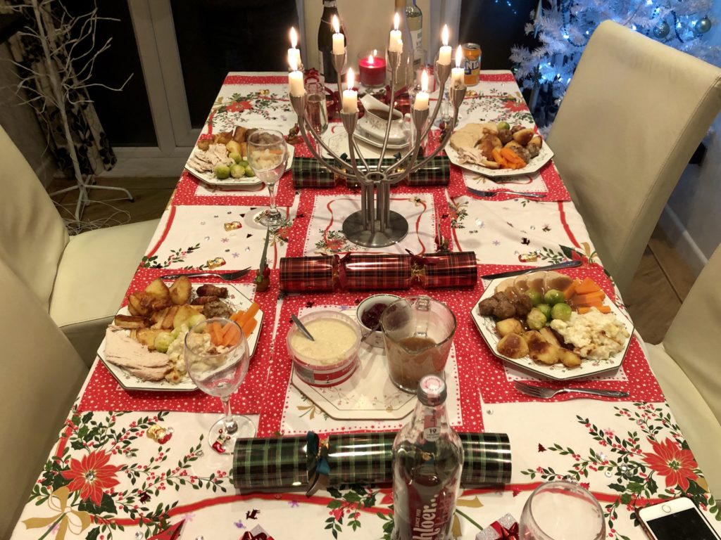 Our Christmas dinner on our decorated table.