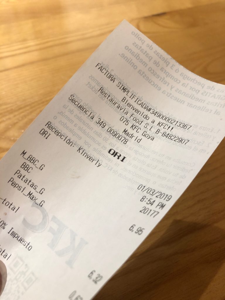 A receipt with my name spelled O R I.