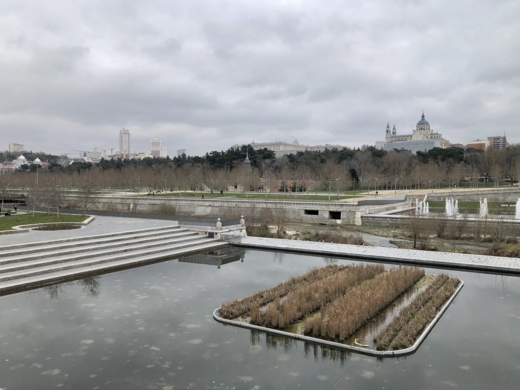 The royal palace and cathedral seen from the west of Madrid.