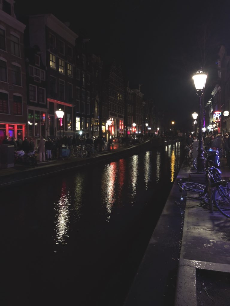 Amsterdam's red light district by night.