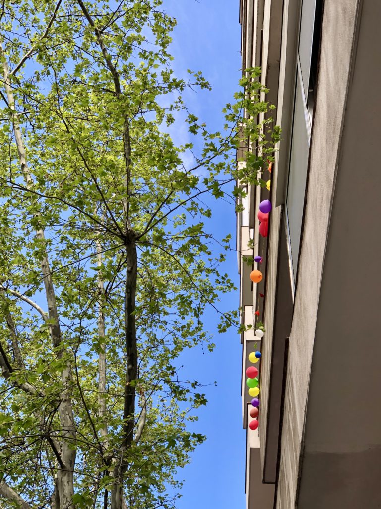 Balloons decorate a balcony during Madrid's coronavirus lockdown.