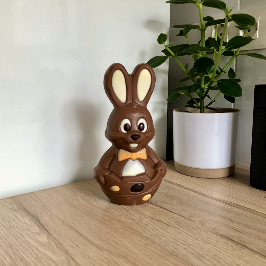 A chocolate rabbit sits in my kitchen.