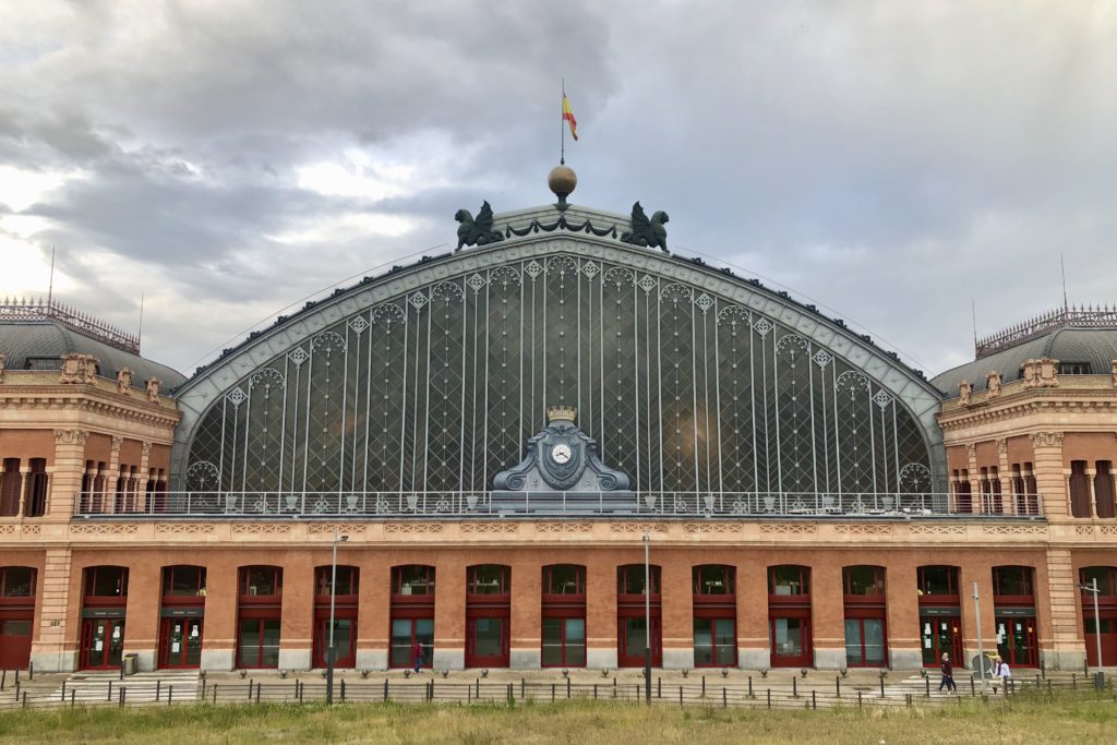The facade of Atocha Train Station, currently out of use due to the coronavirus pandemic, in Madrid, Spain.