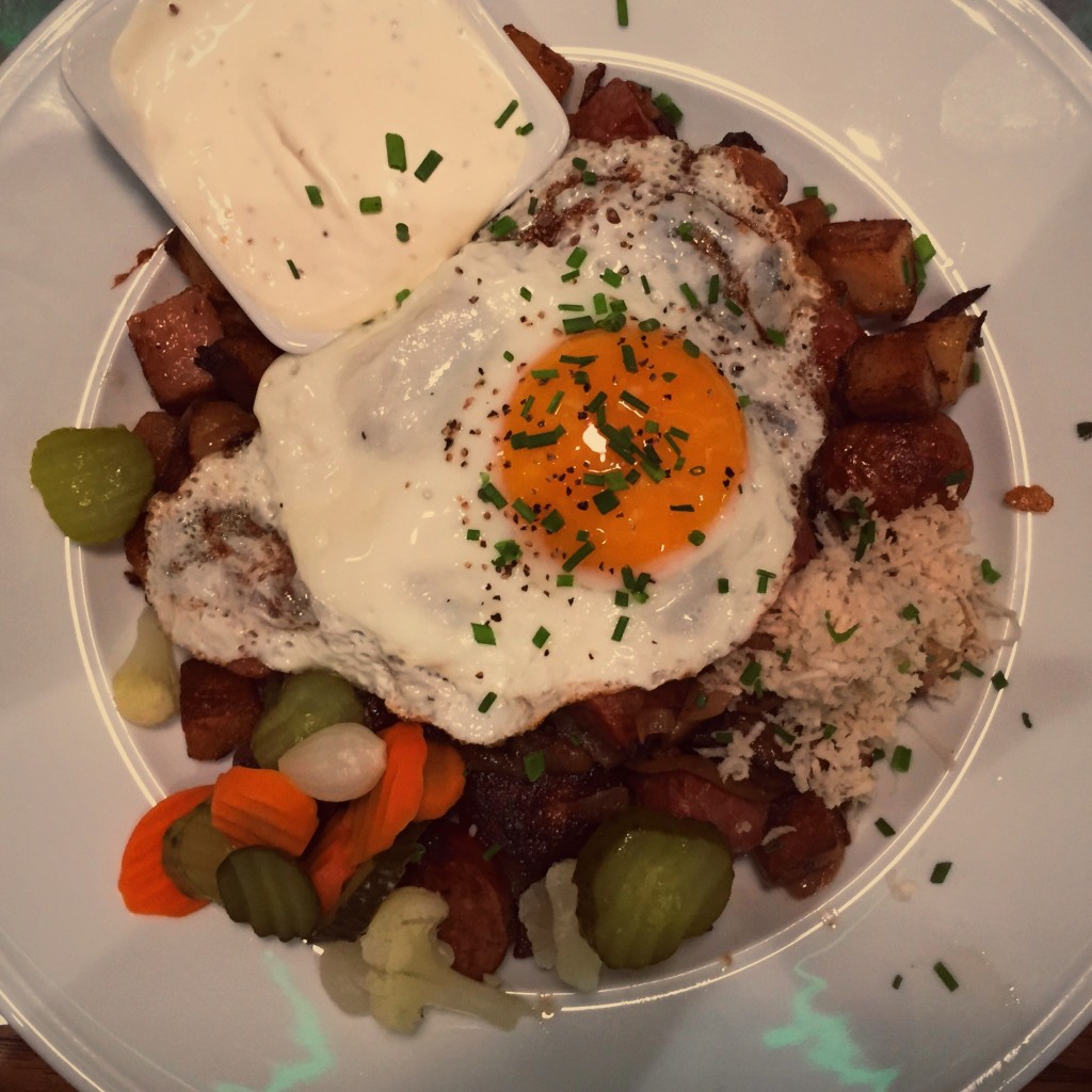 My sausage, beef and potato hash with egg, pickled vegetables and more mustard sauce